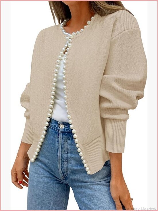 Sweaters - Open Front Cardigan Sweater Long Sleeve Pearl Trim Knit Coat